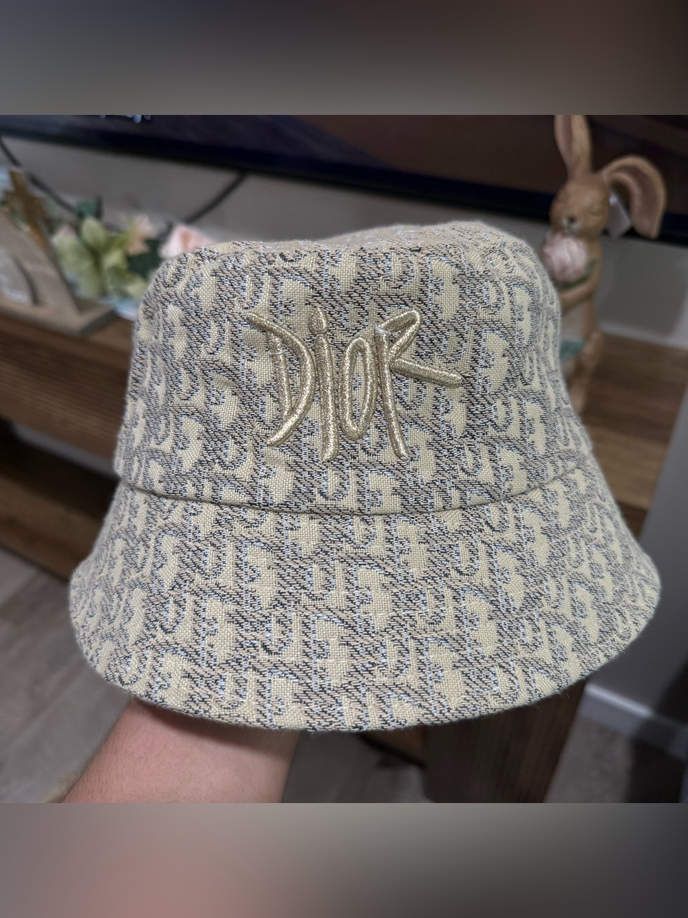 Dior Beige and Navy Monogram Embroidered Bucket Hat